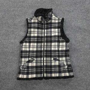 Woolrich Vest Womens Small Black White Moccasin Plaid Wool Fleece Lined Outdoors